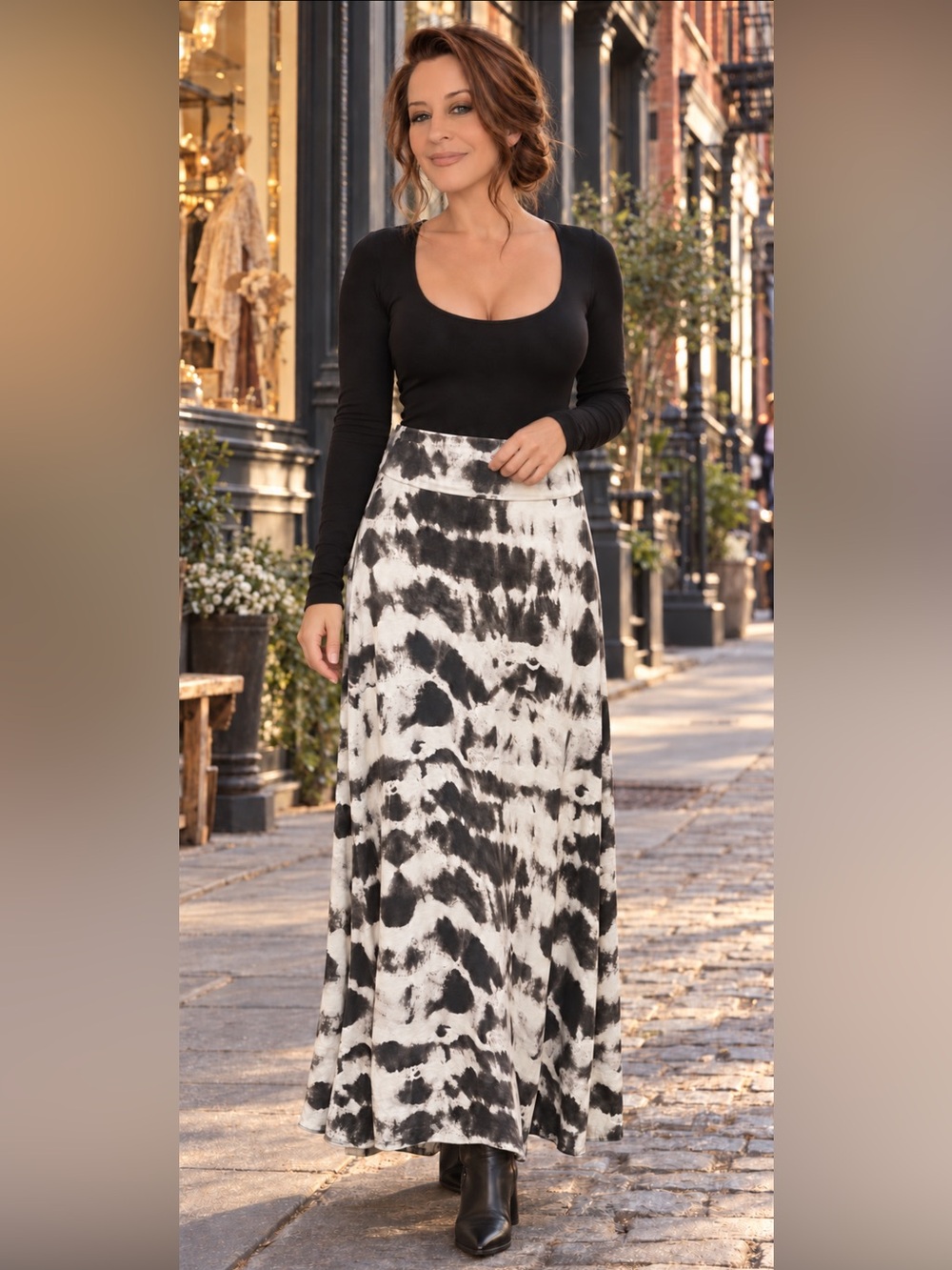 NWOT Mossimo Black Ivory Charcoal Abstract Tie-Dye Stretch Maxi Skirt Size L